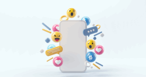 3D social media icons around smartphone for Instagram and Facebook advertising