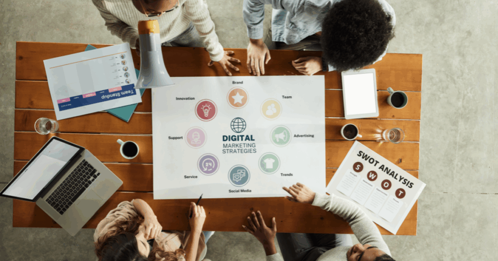 Team planning digital marketing strategies with a SWOT analysis chart – choosing the right agency in Las Vegas or Kansas City
