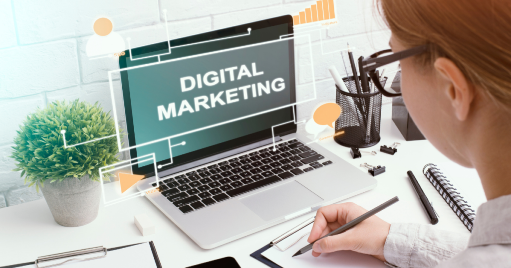 digital marketing for small business strategy 2026 shown on laptop screen with analytics and online growth tools for SEO and social media marketing