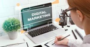 digital marketing for small business strategy 2026 shown on laptop screen with analytics and online growth tools for SEO and social media marketing