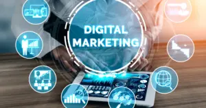 Digital marketing strategy on tablet showing SEO, analytics, and global marketing trends
