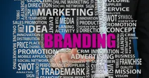 Businessman pointing at branding strategy surrounded by digital marketing keywords like SEO, CRM, and advertising