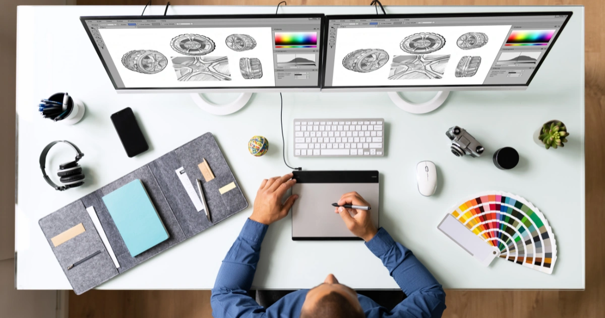 Graphic design sketching and product illustration with dual monitors and color swatches | ClickIt Digital Kansas City & Las Vegas