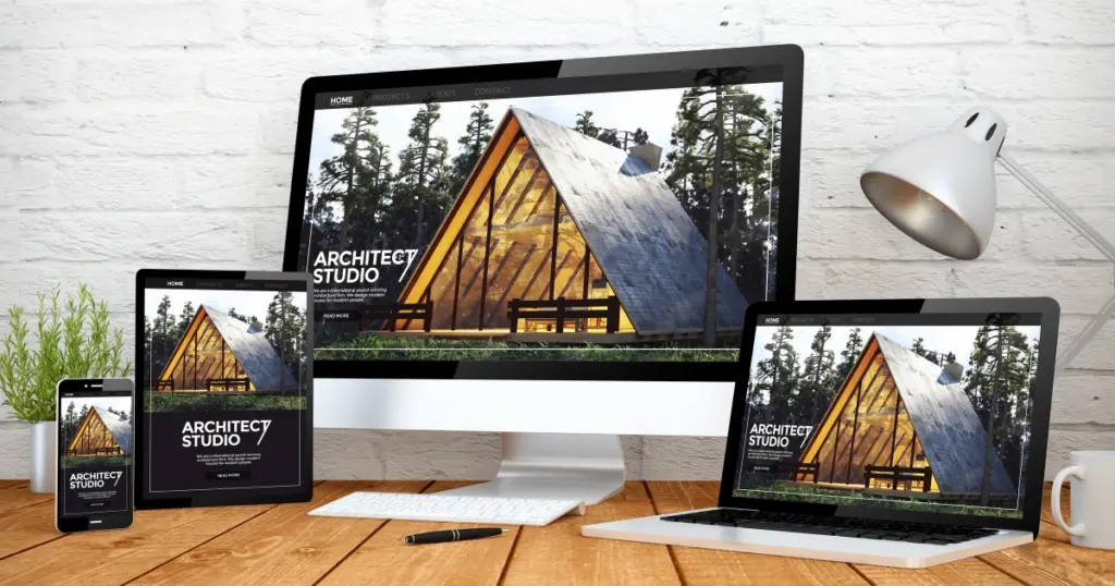 Responsive website design displayed on multiple devices — desktop, laptop, tablet, and smartphone — showcasing modern web development trends used by ClickIt Digital in Las Vegas for 2025.