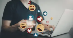 Social media text displayed on a clean desktop workspace representing social media management strategy and digital marketing for business owners